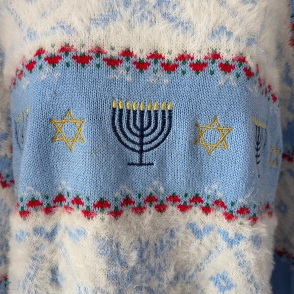 Celebrate Hanukkah Menorah Star of David Blue Knit Pullover Sweater XL - Picture 4 of 12